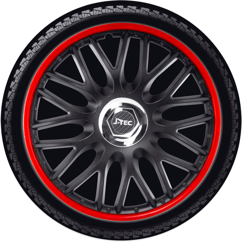4-Delige J-Tec Wieldoppenset Orden R 15-inch zwart/rood + chroom ring