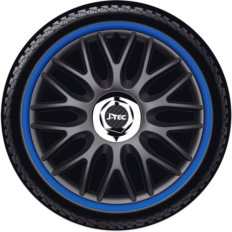 4-Delige J-Tec Wieldoppenset Orden R 15-inch zwart/blauw + chroom ring