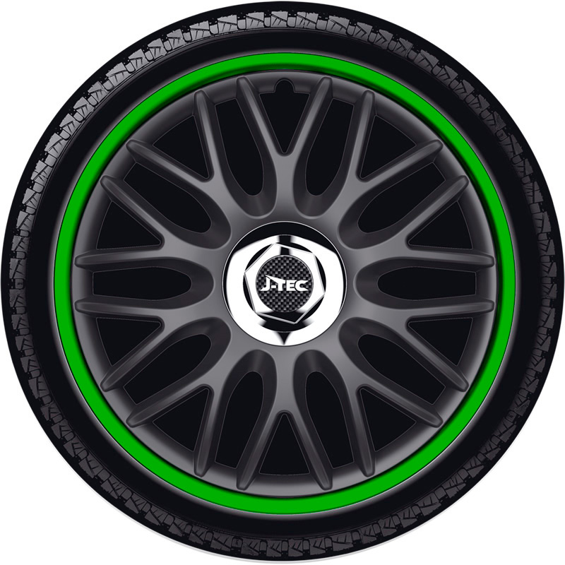 4-Delige J-Tec Wieldoppenset Orden R 13-inch zwart/groen + chroom ring